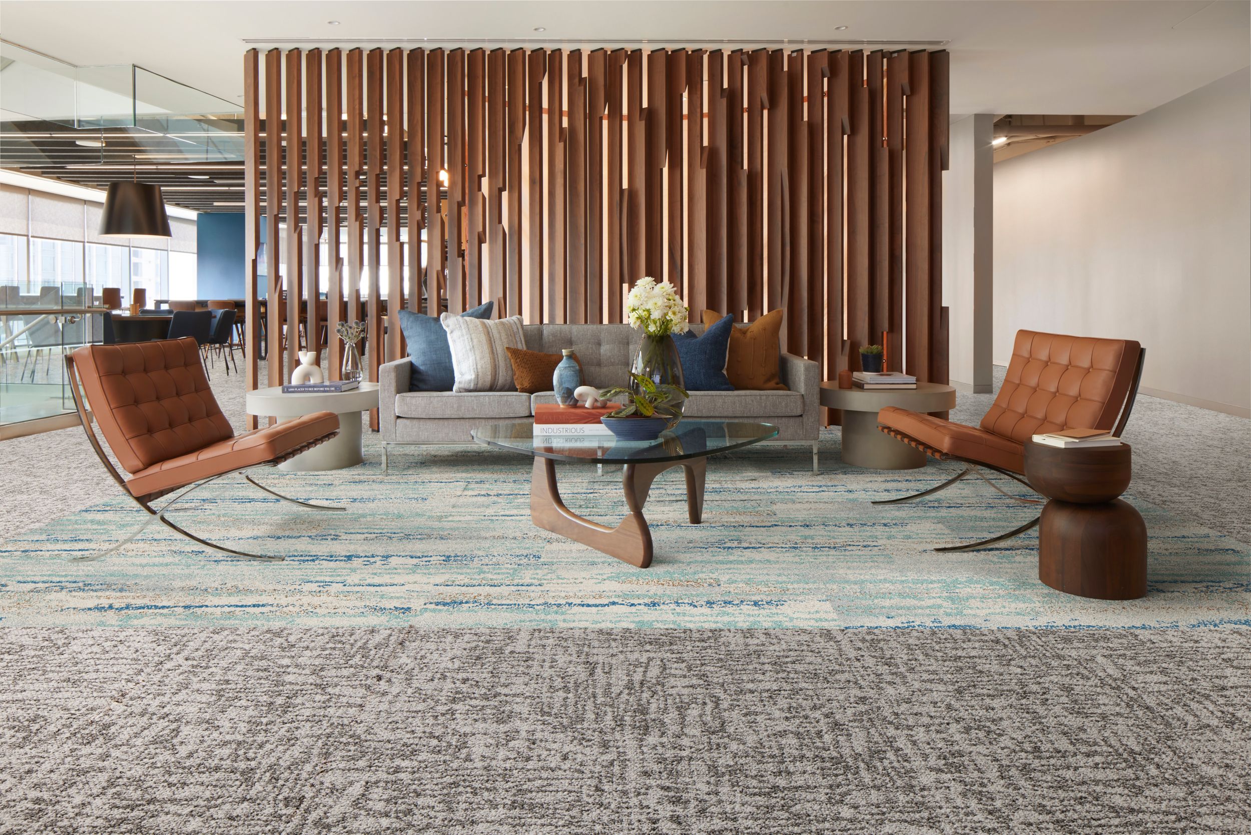 Interface Third Space 306 carpet tile with Undulating Water plank carpet tile in lobby image number 1
